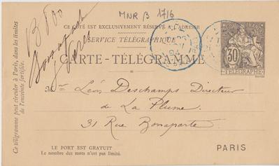 Carte-Télégramme de Félicien Rops à Léon Deschamps. [Paris], 1894/11/28. Paris, Bibliothèque Littéraire Jacques Doucet, MNR/beta/1716