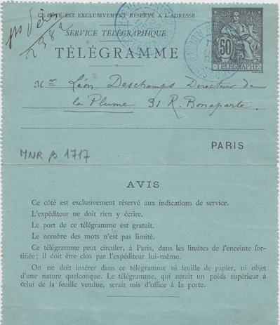 Télégramme de Félicien Rops à Léon Deschamps. [Paris], 1894/12/22. Paris, Bibliothèque Littéraire Jacques Doucet, MNR/beta/1717