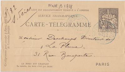 Carte-Télégramme de Félicien Rops à [Léon] Deschamps. [Paris], 1894/12/28. Paris, Bibliothèque Littéraire Jacques Doucet, MNR/beta/1718