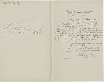 Lettre de Félicien Rops à [Léon] Deschamps. Paris, 1895/01/08. Paris, Bibliothèque Littéraire Jacques Doucet, MNR/beta/1721