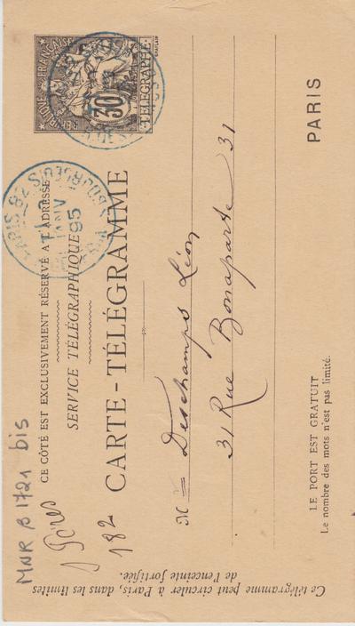 Carte-Télégramme de Félicien Rops à Léon Deschamps. [Paris], 1895/01/00. Paris, Bibliothèque Littéraire Jacques Doucet, MNR/beta/1721bis