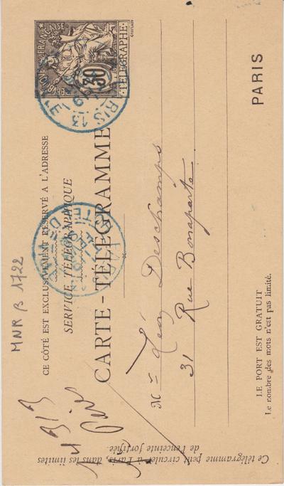 Carte-Télégramme de Félicien Rops à Léon Deschamps. [Paris], 1895/02/19. Paris, Bibliothèque Littéraire Jacques Doucet, MNR/beta/1722