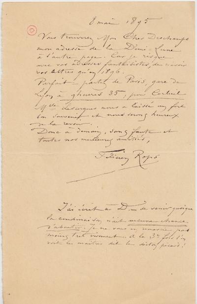 Lettre de Félicien Rops à [Léon] Deschamps. s.l., 1895/05/08. Paris, Bibliothèque Littéraire Jacques Doucet, MNR/beta/1723