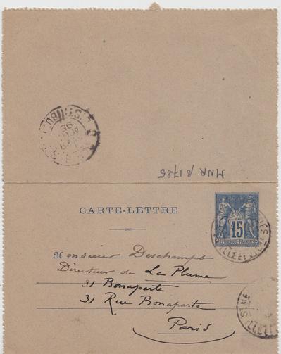 Carte-Lettre de Félicien Rops à Léon Deschamps. Saint-Méloir-des-Ondes, 1895/08/28. Paris, Bibliothèque Littéraire Jacques Doucet, MNR/beta/1725