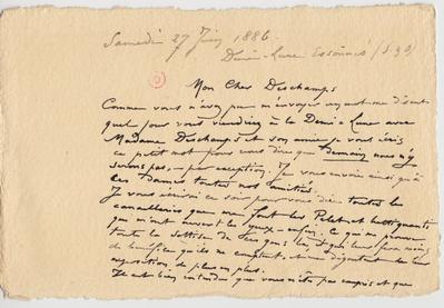 Lettre de Félicien Rops à [Léon] Deschamps. Corbeil-Essonnes, 1886/06/27. Paris, Bibliothèque Littéraire Jacques Doucet, MNR/beta/1732