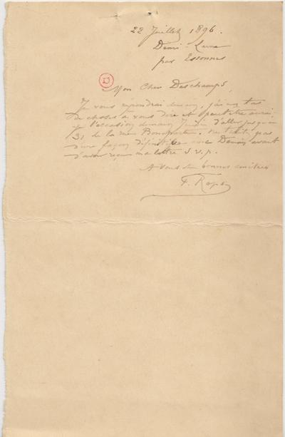 Lettre de Félicien Rops à Léon Deschamps. Corbeil-Essonnes, 1896/07/22. Paris, Bibliothèque Littéraire Jacques Doucet, MNR/beta/1734