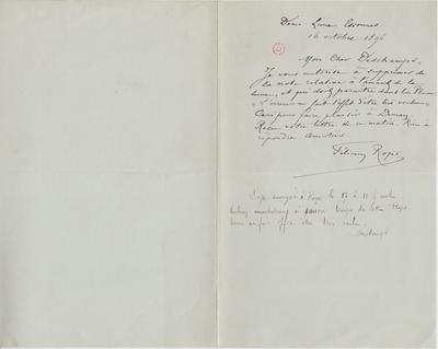 Lettre de Félicien Rops à [Léon] Deschamps. Corbeil-Essonnes, 1896/10/16. Paris, Bibliothèque Littéraire Jacques Doucet, MNR/beta/1743