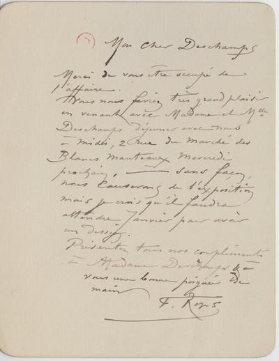 Lettre de Félicien Rops à [Léon] Deschamps. s.l., 0000/00/00. Paris, Bibliothèque Littéraire Jacques Doucet, MNR/beta/1749