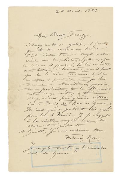 Lettre de Félicien Rops à Franz [François] [Taelemans]. s.l., 1886/04/28. Bruxelles, Musées Royaux des Beaux-Arts de Belgique, MRBAB/AACB/003050