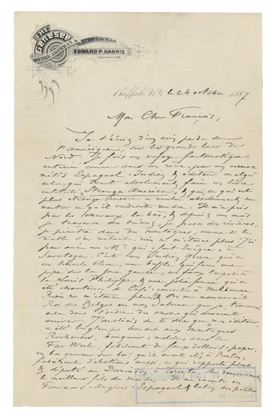 Lettre de Félicien Rops à François Taelemans. Buffalo, 1887/10/24. Bruxelles, Musées Royaux des Beaux-Arts de Belgique, MRBAB/AACB/003051