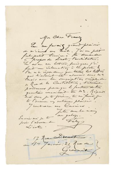 Lettre de Félicien Rops à Franz [François] [Taelemans]. Paris, 1883/12/00. Bruxelles, Musées Royaux des Beaux-Arts de Belgique, MRBAB/AACB/003054