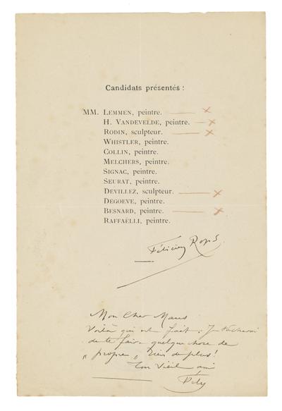 Billet de vote de Félicien Rops à [Octave] Maus. s.l., 1888/11/00. Bruxelles, Musées Royaux des Beaux-Arts de Belgique, MRBAB/AACB/005252