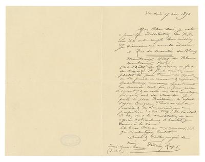 Lettre de Félicien Rops à [Octave] [Maus]. Corbeil-Essonnes, 1893/11/17. Bruxelles, Musées Royaux des Beaux-Arts de Belgique, MRBAB/AACB/006761
