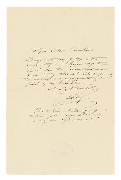 Lettre de Félicien Rops à Camille [Van Camp]. s.l., 1880/08/00. Bruxelles, Musées Royaux des Beaux-Arts de Belgique, MRBAB/AACB/007372