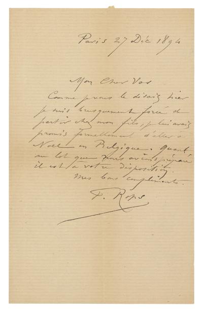 Lettre de Félicien Rops à [Charles] Vos. Paris, 1894/12/27. Bruxelles, Musées Royaux des Beaux-Arts de Belgique, MRBAB/AACB/009031