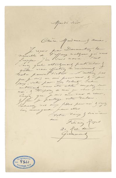 Lettre de Félicien Rops à Madame Fontaine. Paris, 1884/04/00. Bruxelles, Musées Royaux des Beaux-Arts de Belgique, MRBAB/AACB/009321