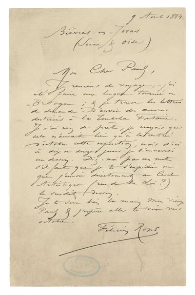 Lettre de Félicien Rops à Paul [Léopold] [Speeckaert]. Bièvres, 1884/08/09. Bruxelles, Musées Royaux des Beaux-Arts de Belgique, MRBAB/AACB/009323