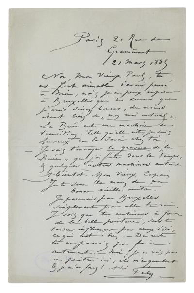Lettre de Félicien Rops à Paul [Léopold] [Speeckaert]. Paris, 1885/03/21. Bruxelles, Musées Royaux des Beaux-Arts de Belgique, MRBAB/AACB/009324