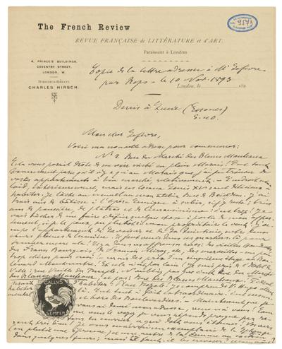 Copie non autographe de Félicien Rops à Louis Lefèvre. Corbeil-Essonnes, 1893/11/10. Bruxelles, Musées Royaux des Beaux-Arts de Belgique, MRBAB/AACB/009573