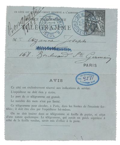 Télégramme de Félicien Rops à Joseph Uzanne. Paris, 1892/06/03. Bruxelles, Musées Royaux des Beaux-Arts de Belgique, MRBAB/AACB/009581