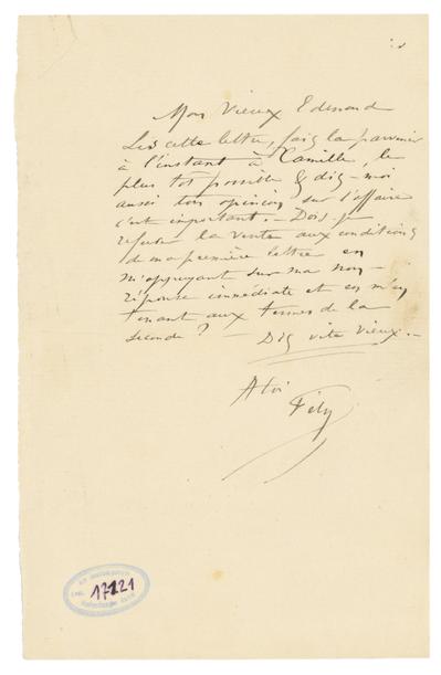 Lettre de Félicien Rops à Edmond [Lambrichs]. s.l., 0000/00/00. Bruxelles, Musées Royaux des Beaux-Arts de Belgique, MRBAB/AACB/017121