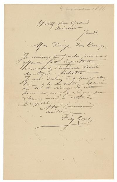 Lettre de Félicien Rops à [Camille] Van Camp. Bruxelles, 1886/11/04. Bruxelles, Musées Royaux des Beaux-Arts de Belgique, MRBAB/AACB/017124