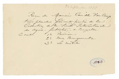 Reçu de Félicien Rops à Camille Van Camp. s.l., 1888/09/24. Bruxelles, Musées Royaux des Beaux-Arts de Belgique, MRBAB/AACB/017127