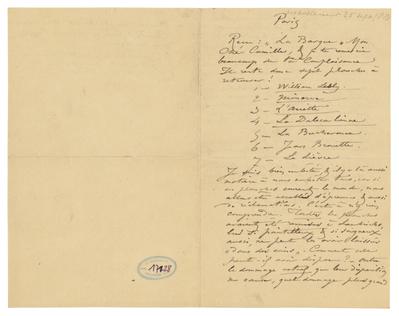 Lettre de Félicien Rops à Camille [Van Camp]. Paris, 1888/09/25. Bruxelles, Musées Royaux des Beaux-Arts de Belgique, MRBAB/AACB/017128