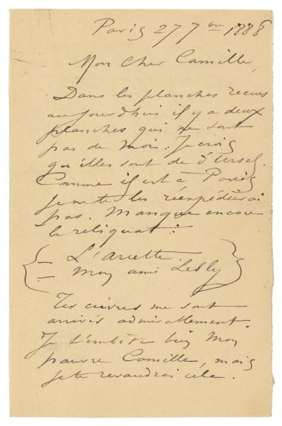 Lettre de Félicien Rops à Camille [Van Camp]. Paris, 1888/09/27. Bruxelles, Musées Royaux des Beaux-Arts de Belgique, MRBAB/AACB/017129