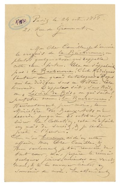 Lettre de Félicien Rops à Camille [Van Camp]. Paris, 1888/10/24. Bruxelles, Musées Royaux des Beaux-Arts de Belgique, MRBAB/AACB/017130