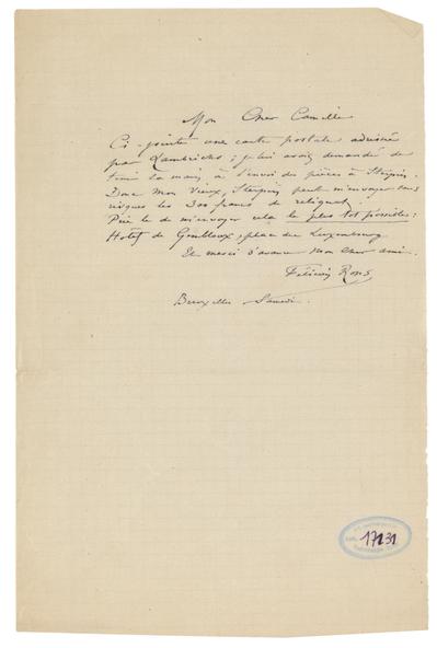 Lettre de Félicien Rops à Camille [Van Camp]. Bruxelles, 0000/00/00. Bruxelles, Musées Royaux des Beaux-Arts de Belgique, MRBAB/AACB/017131