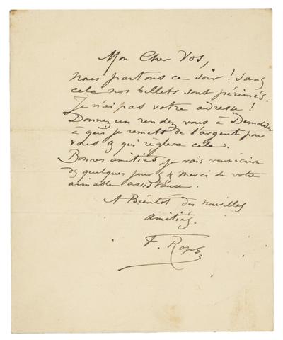 Lettre de Félicien Rops à [Charles] Vos. s.l., 1895/00/00. Bruxelles, Musées Royaux des Beaux-Arts de Belgique, MRBAB/AACB/104304