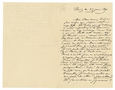Lettre de Félicien Rops à [Octave] [Maus]. Paris, 1891/01/25. Bruxelles, Musées Royaux des Beaux-Arts de Belgique, MRBAB/AACB/112186