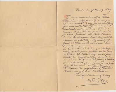 Lettre de Félicien Rops à Stéphane Mallarmé. Paris, 1889/03/15. Paris, Bibliothèque littéraire Jacques Doucet, MVL/3422