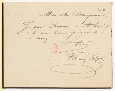 Lettre de Félicien Rops à [Félix] Braquemond. s.l., 0000/00/00. Paris, Bibliothèque nationale de France, NAF/14676/399