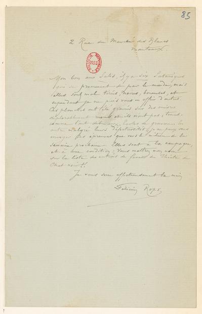 Lettre de Félicien Rops à [Rodolphe] Salis. Paris, 0000/00/00. Paris, Bibliothèque nationale de France, NAF/14903/85