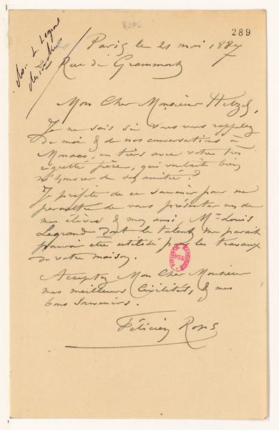 Lettre de Félicien Rops à [Pierre-Jules] Hetzel. Paris, 1887/05/21. Paris, Bibliothèque nationale de France, NAF/16987/289