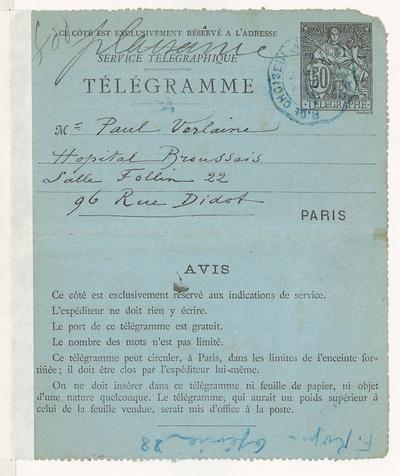 Télégramme de Félicien Rops à Paul Verlaine. Paris, 1888/02/06. Paris, Bibliothèque nationale de France, NAF/17156/139