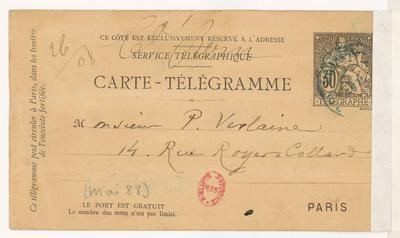 Carte-Télégramme de Félicien Rops à Paul Verlaine. s.l., 1888/05/00. Paris, Bibliothèque nationale de France, NAF/17156/140
