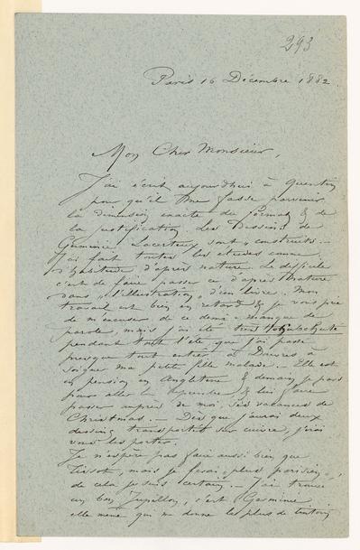 Lettre de Félicien Rops à [Goncourt]. Paris, 1882/12/16. Paris, Bibliothèque nationale de France, NAF/22474/293 et NAF/22474/294