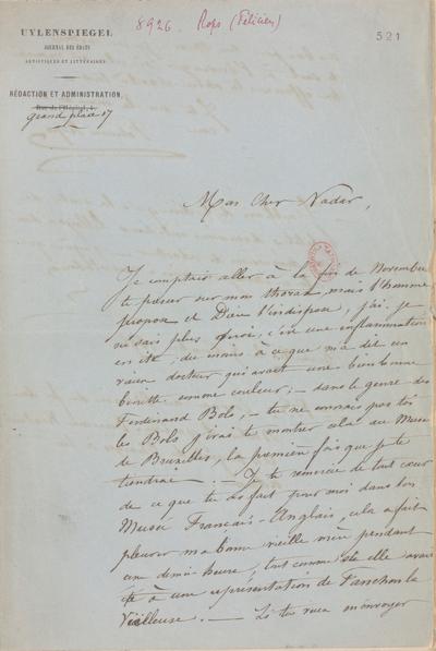 Lettre de Félicien Rops à [Félix] Nadar [Tournachon]. Bruxelles, 1854/12/05. Paris, Bibliothèque nationale de France, NAF/24284/521