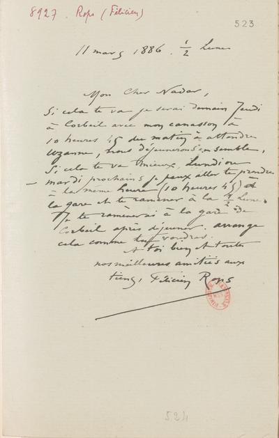 Lettre de Félicien Rops à [Félix] Nadar [Tournachon]. Corbeil-Essonnes, 1886/03/11. Paris, Bibliothèque nationale de France, NAF/24284/523