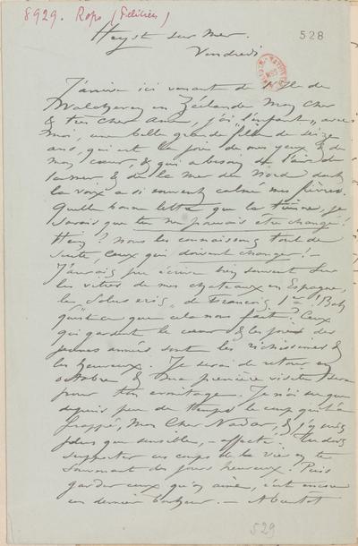 Lettre de Félicien Rops à [Félix] Nadar [Tournachon]. Heyst-sur-mer, 0000/00/00. Paris, Bibliothèque nationale de France, NAF/24284/528 et NAF/24284/529