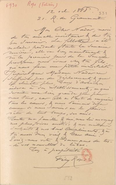 Lettre de Félicien Rops à [Félix] Nadar [Tournachon]. Paris, 1888/10/12. Paris, Bibliothèque nationale de France, NAF/24284/531