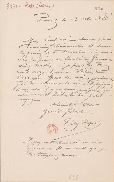 Lettre de Félicien Rops à [Félix] [Nadar] [Tournachon]. Paris, 1888/10/13. Paris, Bibliothèque nationale de France, NAF/24284/534 et NAF/24284/536