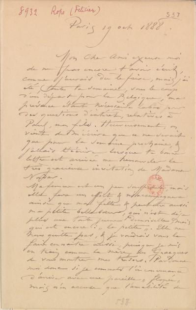 Lettre de Félicien Rops à Félix Nadar [Tournachon]. Paris, 1888/10/19. Paris, Bibliothèque nationale de France, NAF/24284/537, NAF/24284/538 et NAF/24284/539