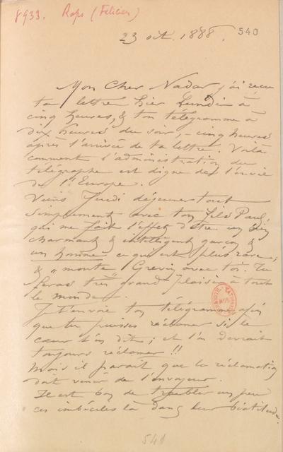 Lettre de Félicien Rops à Félix Nadar [Tournachon]. s.l., 1888/10/23. Paris, Bibliothèque nationale de France, NAF/24284/540 et NAF/24284/541