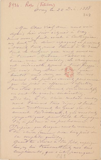 Lettre de Félicien Rops à [Félix] Nadar [Tournachon]. Oran, 1888/12/22. Paris, Bibliothèque nationale de France, NAF/24284/542 et NAF/24284/544