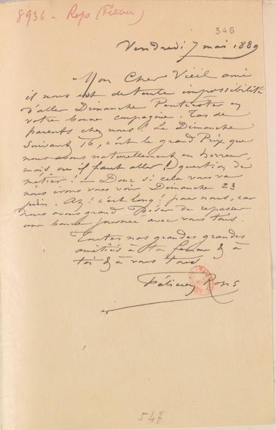 Lettre de Félicien Rops à [Félix] Nadar [Tournachon]. s.l., 1889/05/07. Paris, Bibliothèque nationale de France, NAF/24284/546