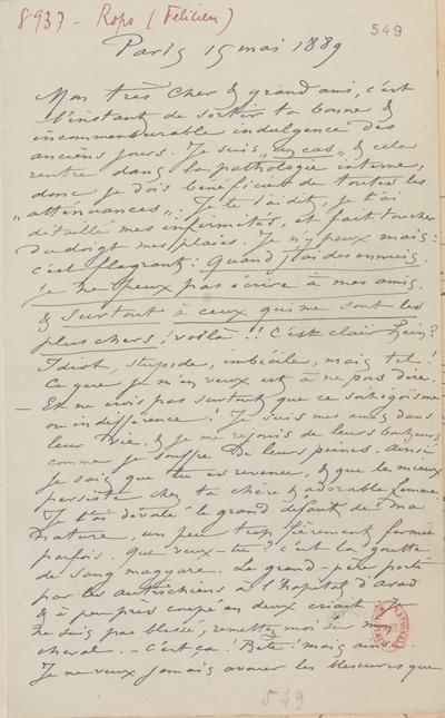 Lettre de Félicien Rops à [Félix] Nadar [Tournachon]. Paris, 1889/05/15. Paris, Bibliothèque nationale de France, NAF/24284/549 et NAF/24284/550